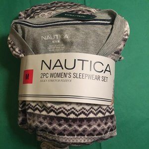 NAUTICA Women 2 Pc - Pajama Silky Stretch Fleece PJ Set --WHITE/GREY